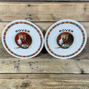 Lot of 2 Pottery Barn Rover Fireside Club Plate Dog White Multicolor Stripe Dish